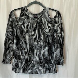 Material Girl Black & White Cold Shoulder Marble Sweater- Size Small